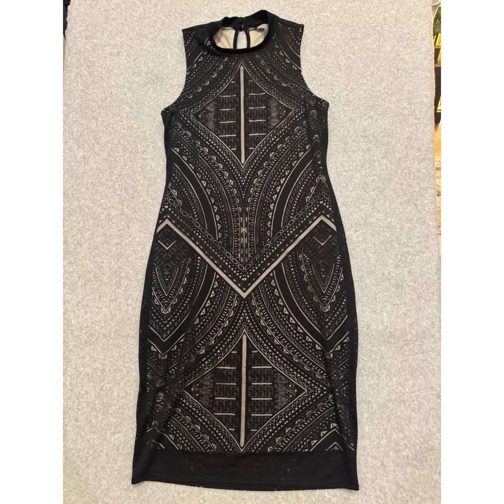 Belle Sky Black Tan Geometric Burnout Mock Neck Midi Bodycon Dress Womens Medium